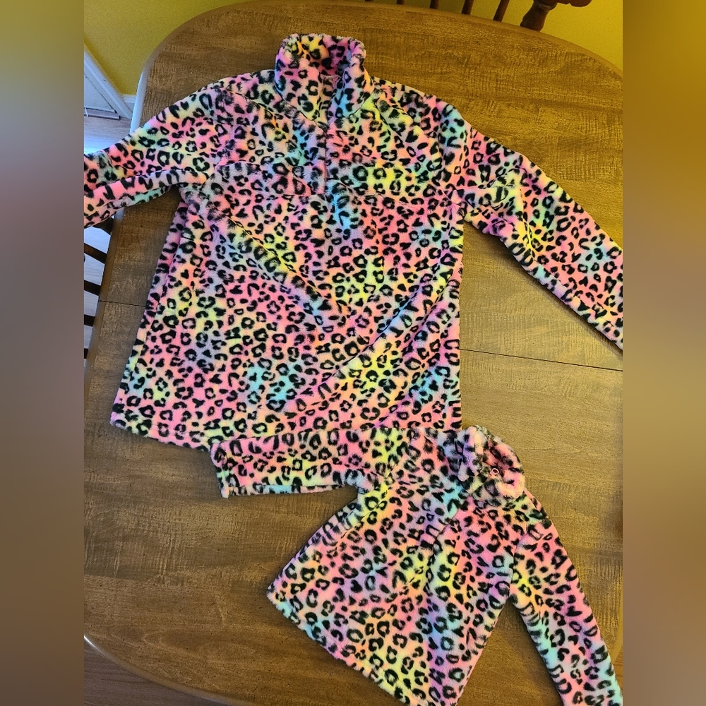 Woman and Child Matching Fuzzy Rainbow Pullovers